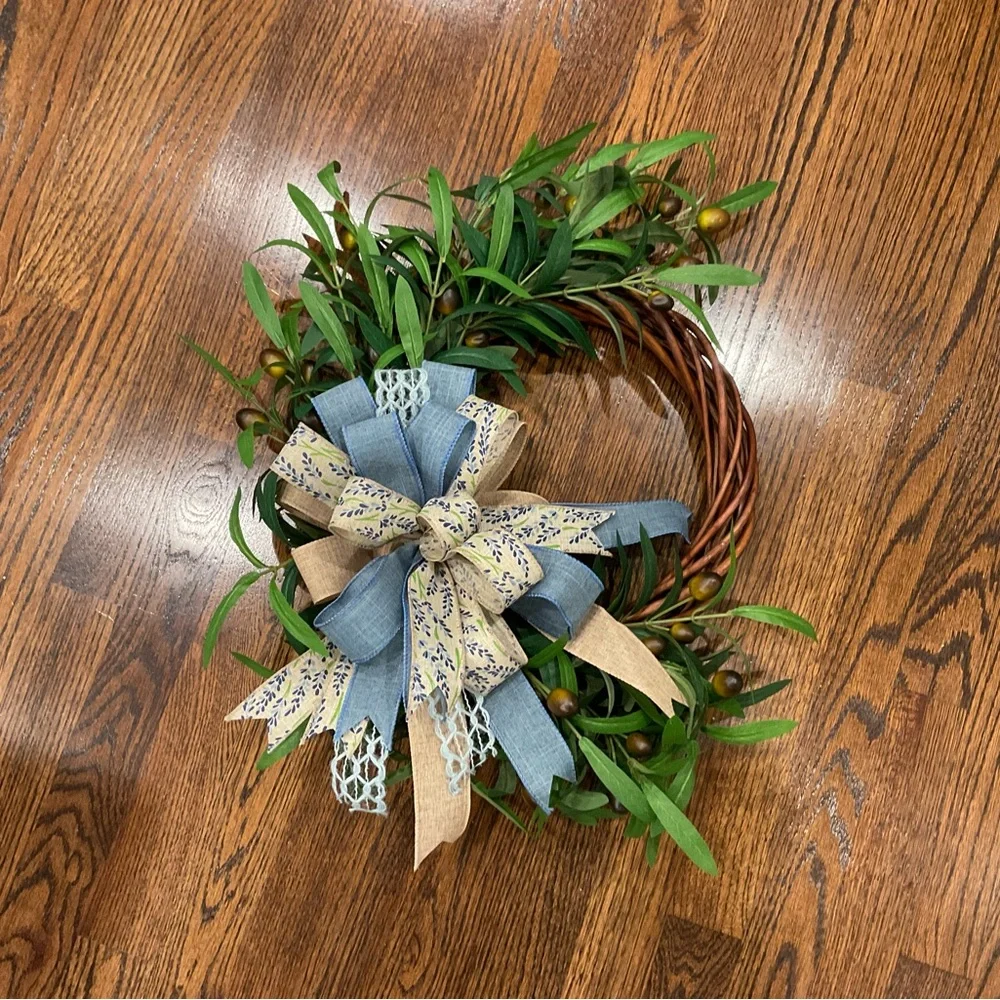 Greenery Wreath with Blue and Natural Bow - Rustic Seasonal Decor